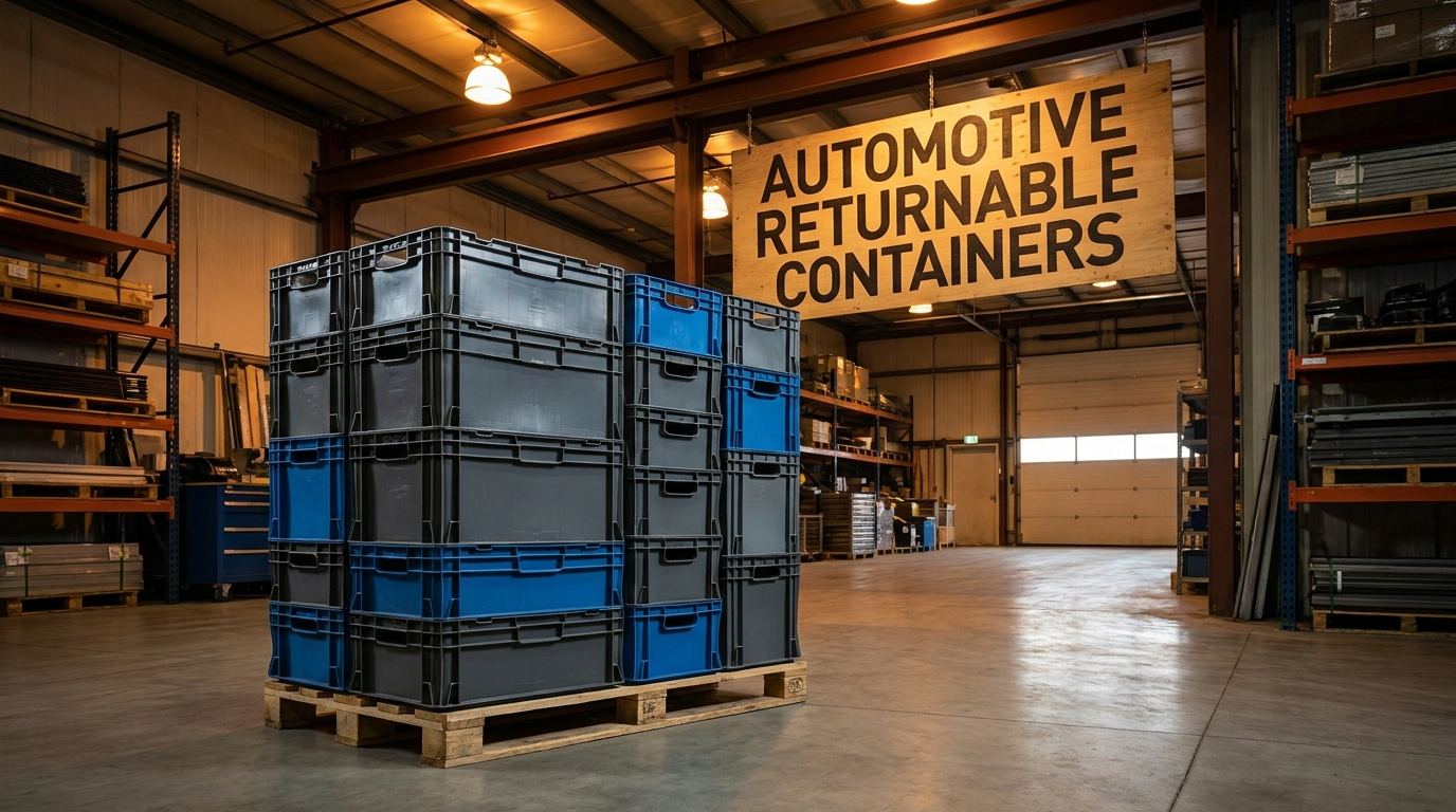 Custom automotive returnable containers stacked in an industrial warehouse setting