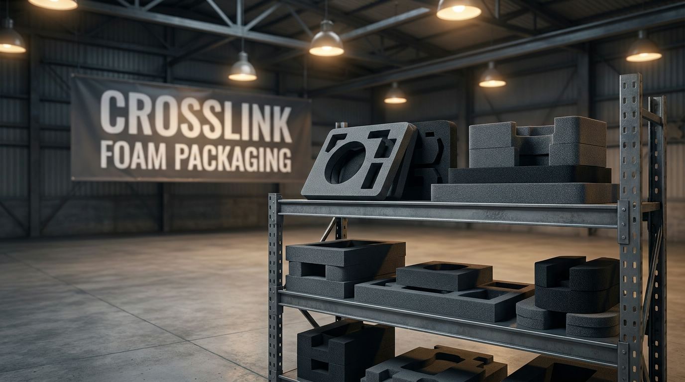 Custom crosslink foam packaging inserts for industrial parts protection in a warehouse setting