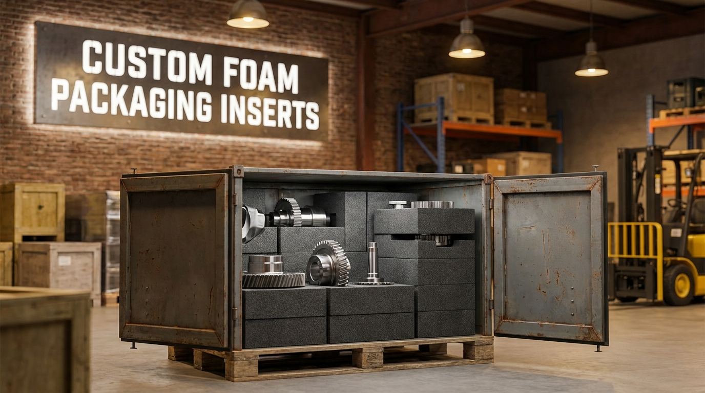 Custom foam packaging inserts holding machined automotive parts in a steel dunnage container