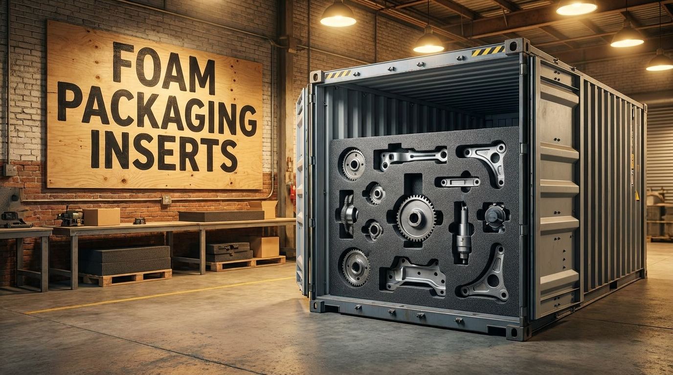Custom foam packaging inserts with precision-cut cavities protecting automotive components in a steel shipping container