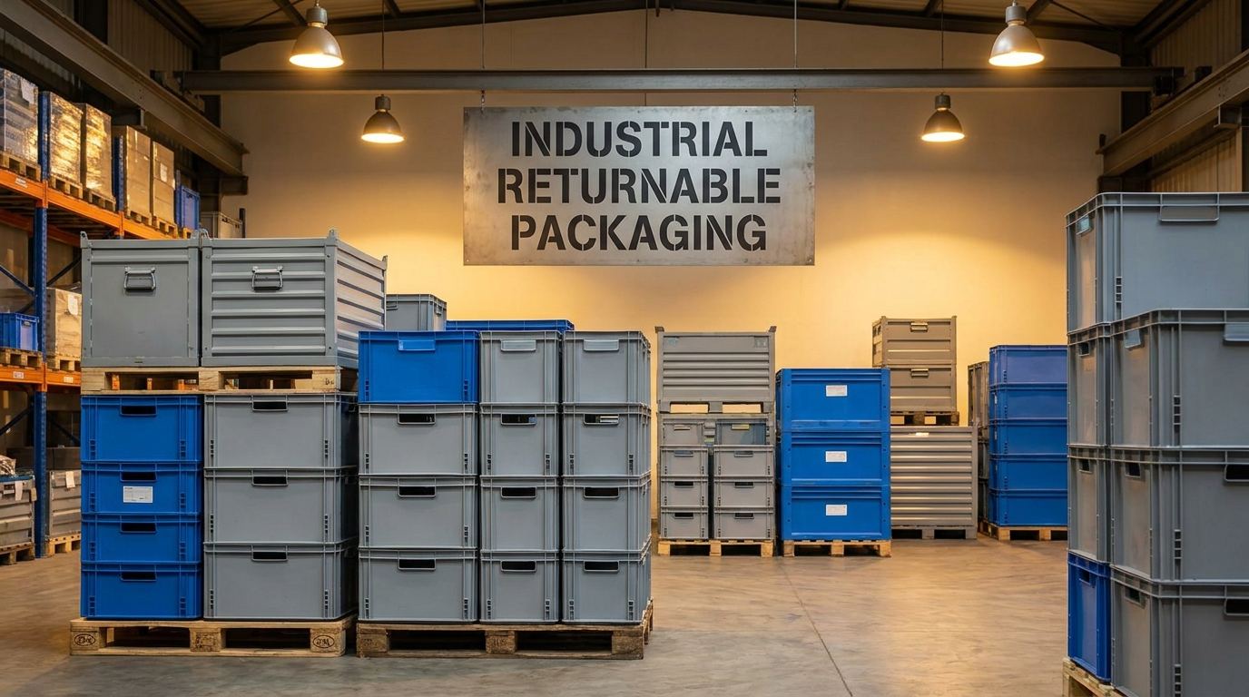 Industrial returnable packaging containers in a North American automotive warehouse facility
