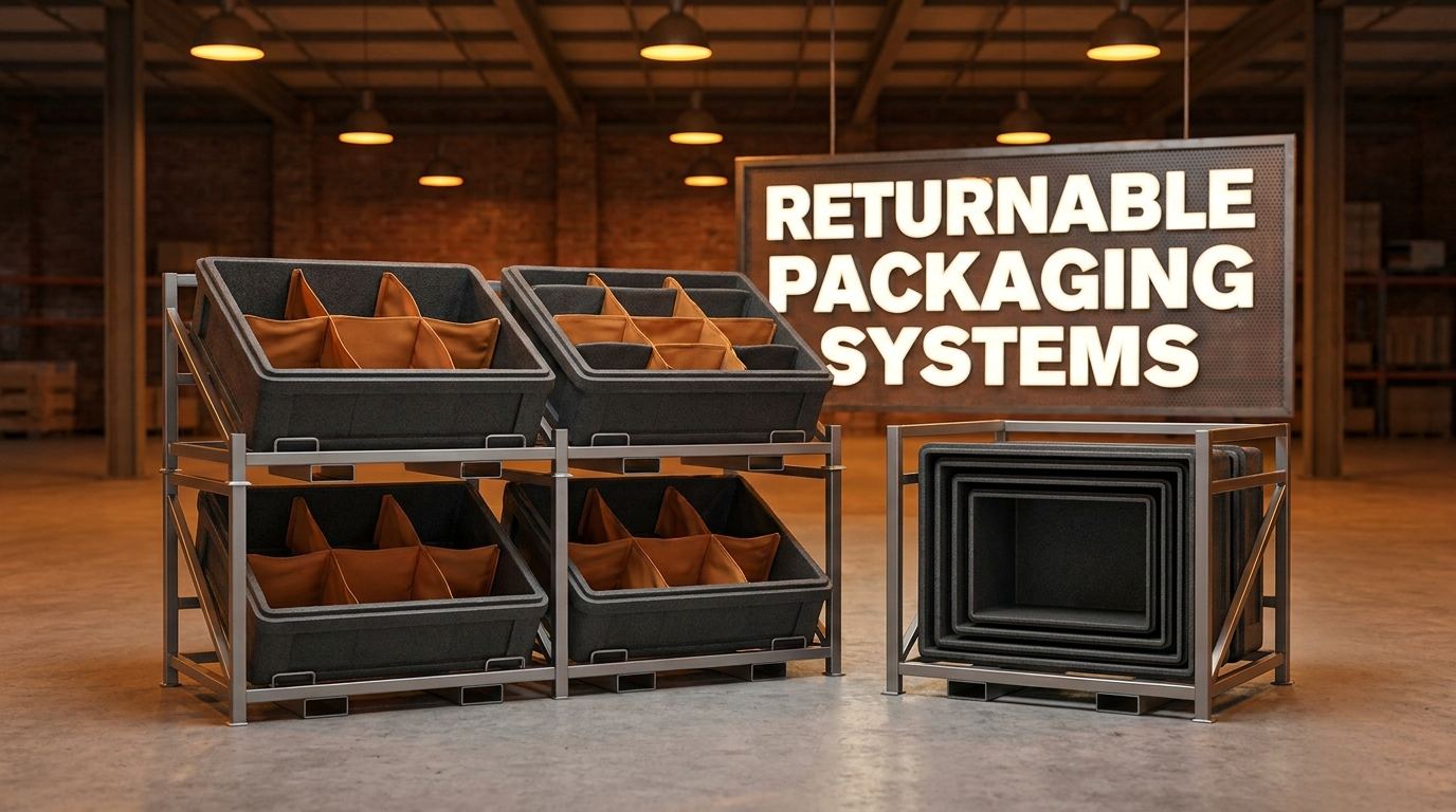 Custom returnable packaging systems in an industrial warehouse setting showing steel racks and foam-lined containers