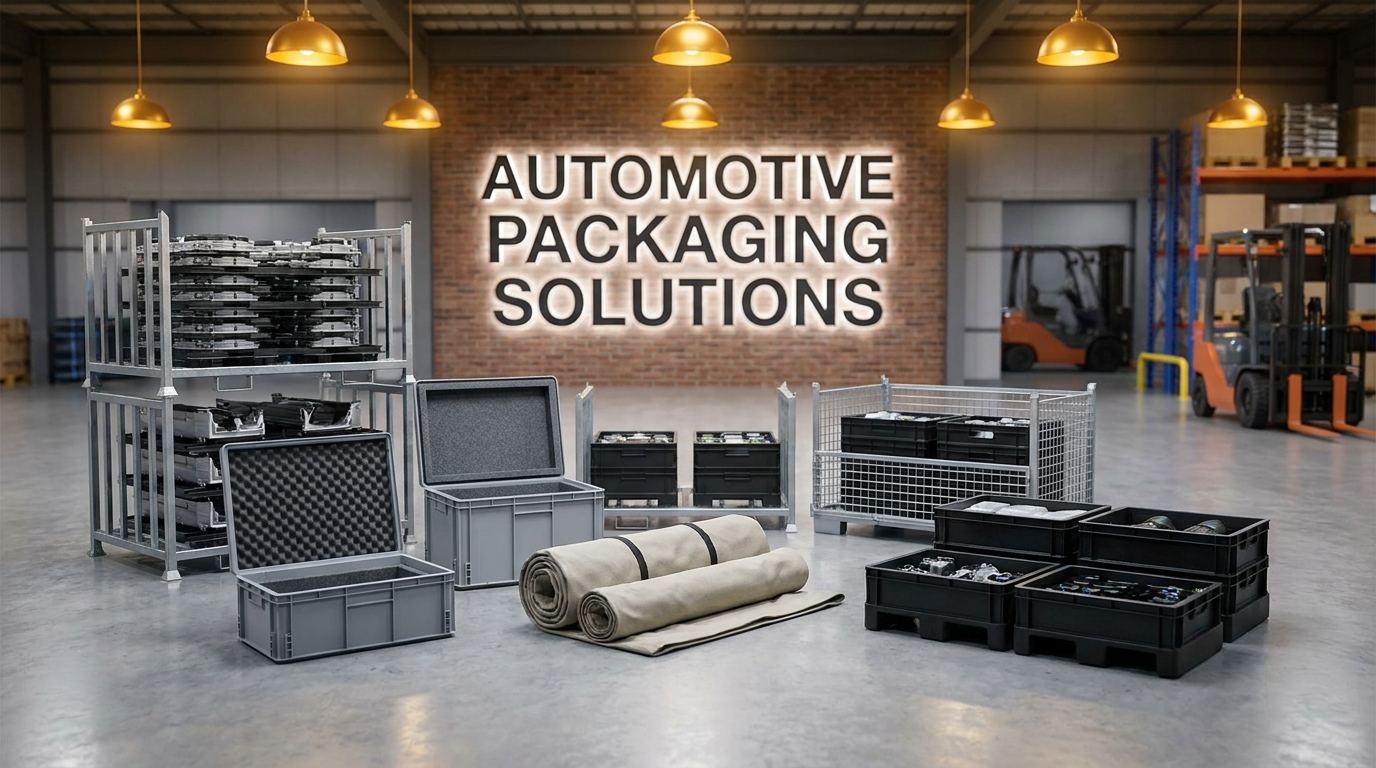 Custom automotive packaging solutions including steel racks, foam inserts, and fabric bags for automotive manufacturers