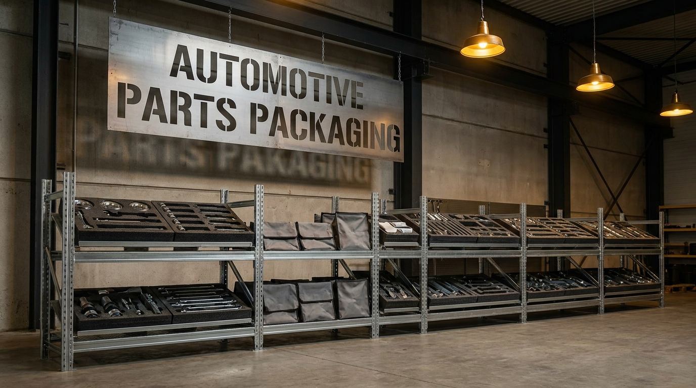 Custom automotive parts packaging systems including steel racks, foam inserts, and fabric pouches in an industrial warehouse setting