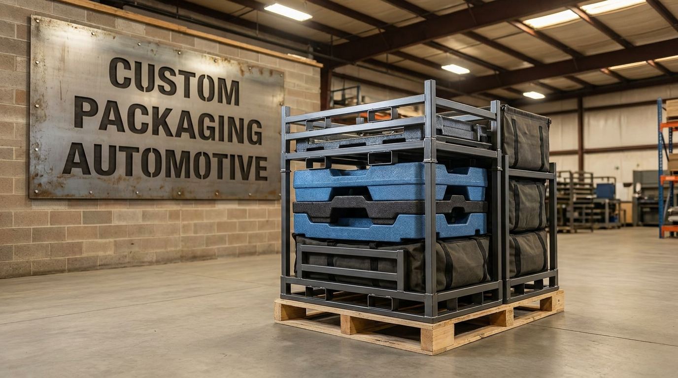 Custom packaging automotive systems including steel frames, foam inserts, and fabric components on a warehouse pallet