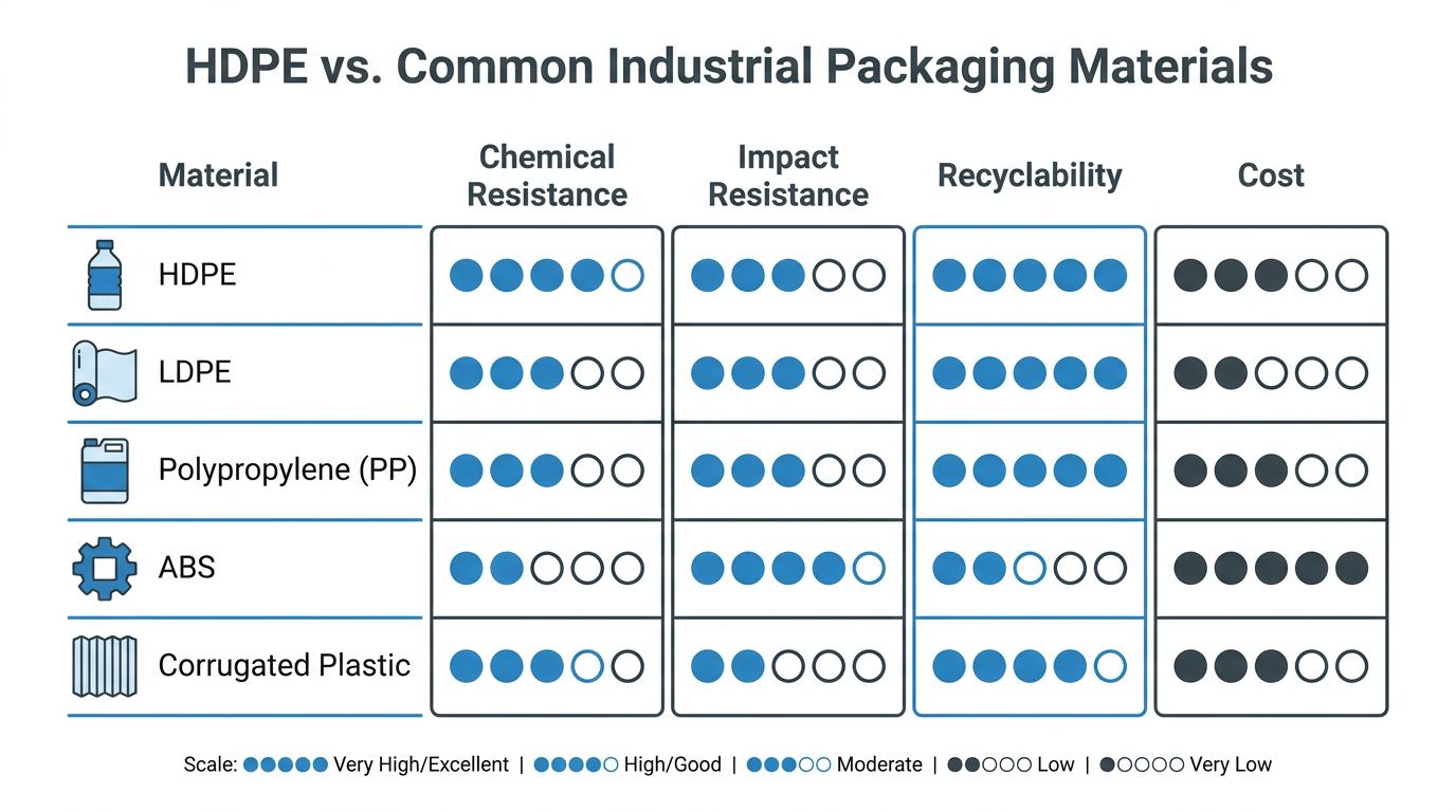Infographic comparing high density polyethylene packaging to other industrial plastic materials across key performance metrics