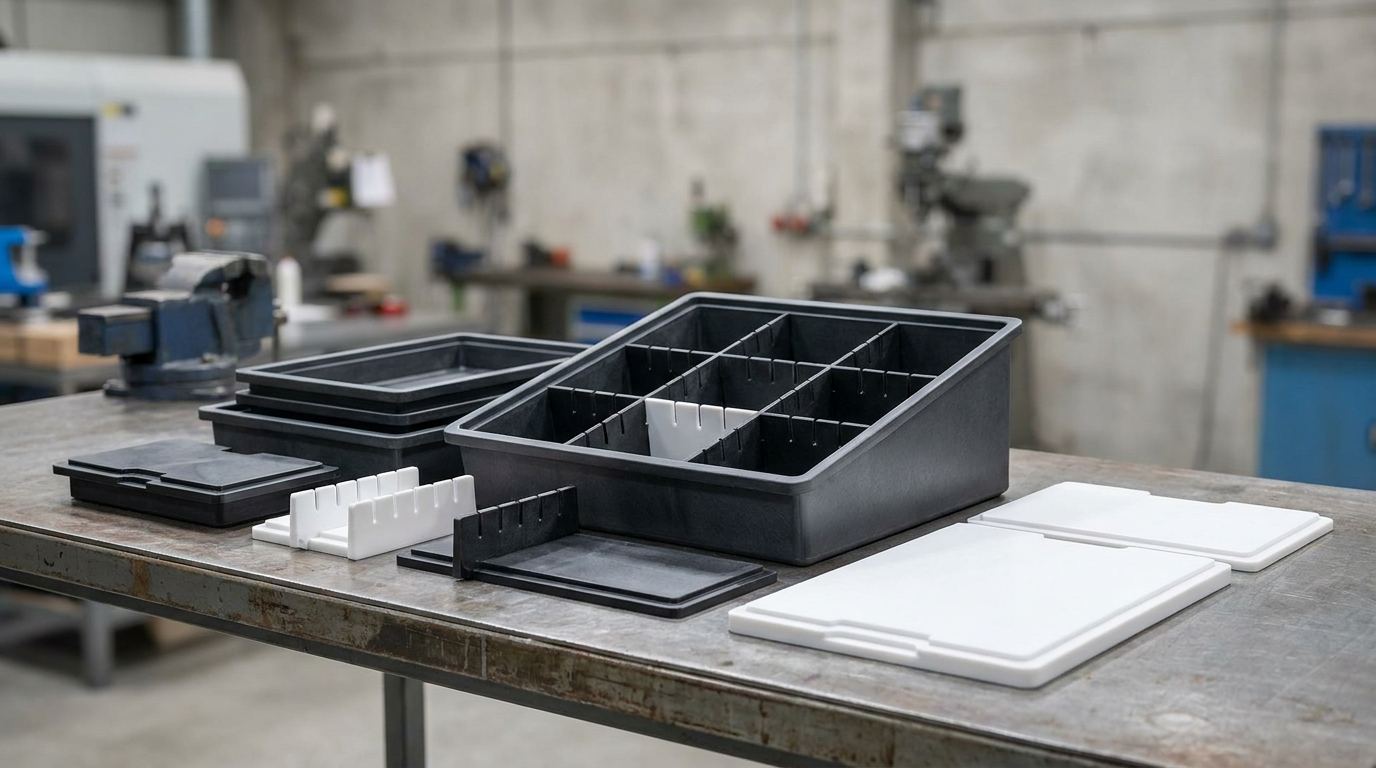 Custom fabricated high density polyethylene packaging parts including trays, dividers, and protective panels for industrial use