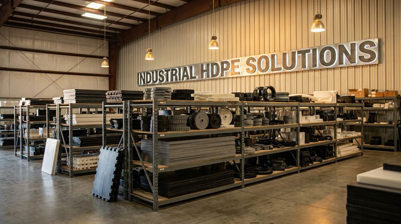 Custom industrial HDPE solutions including panels and machined plastic parts in a manufacturing warehouse setting