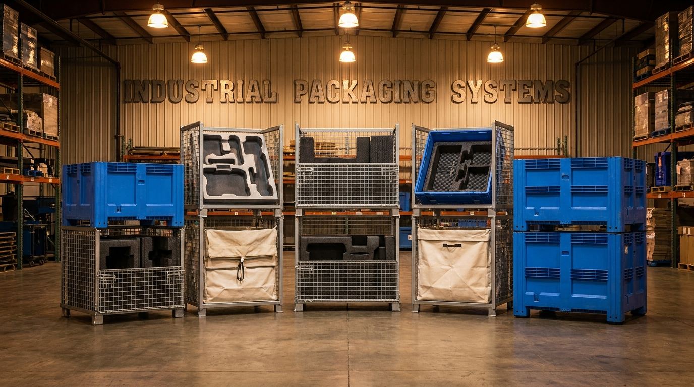 Custom industrial packaging systems including steel racks, plastic dunnage, and foam inserts for automotive manufacturers