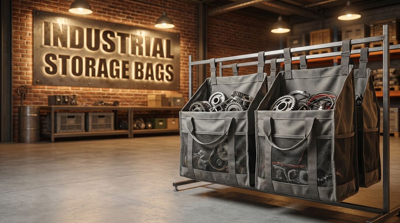 Custom industrial storage bags in a warehouse setting for automotive parts storage and shipping