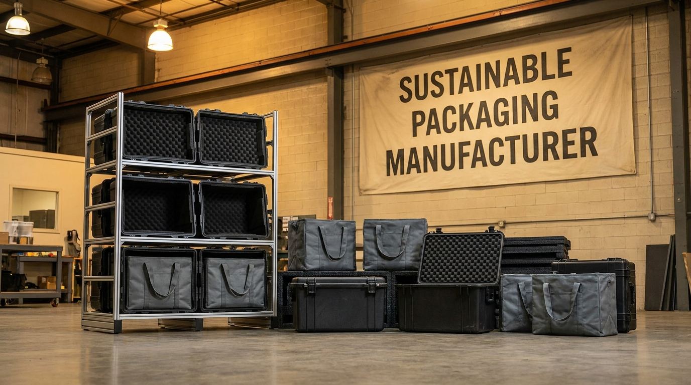 Custom sustainable packaging systems from a sustainable packaging manufacturer, including steel racks and reusable containers in an industrial warehouse setting