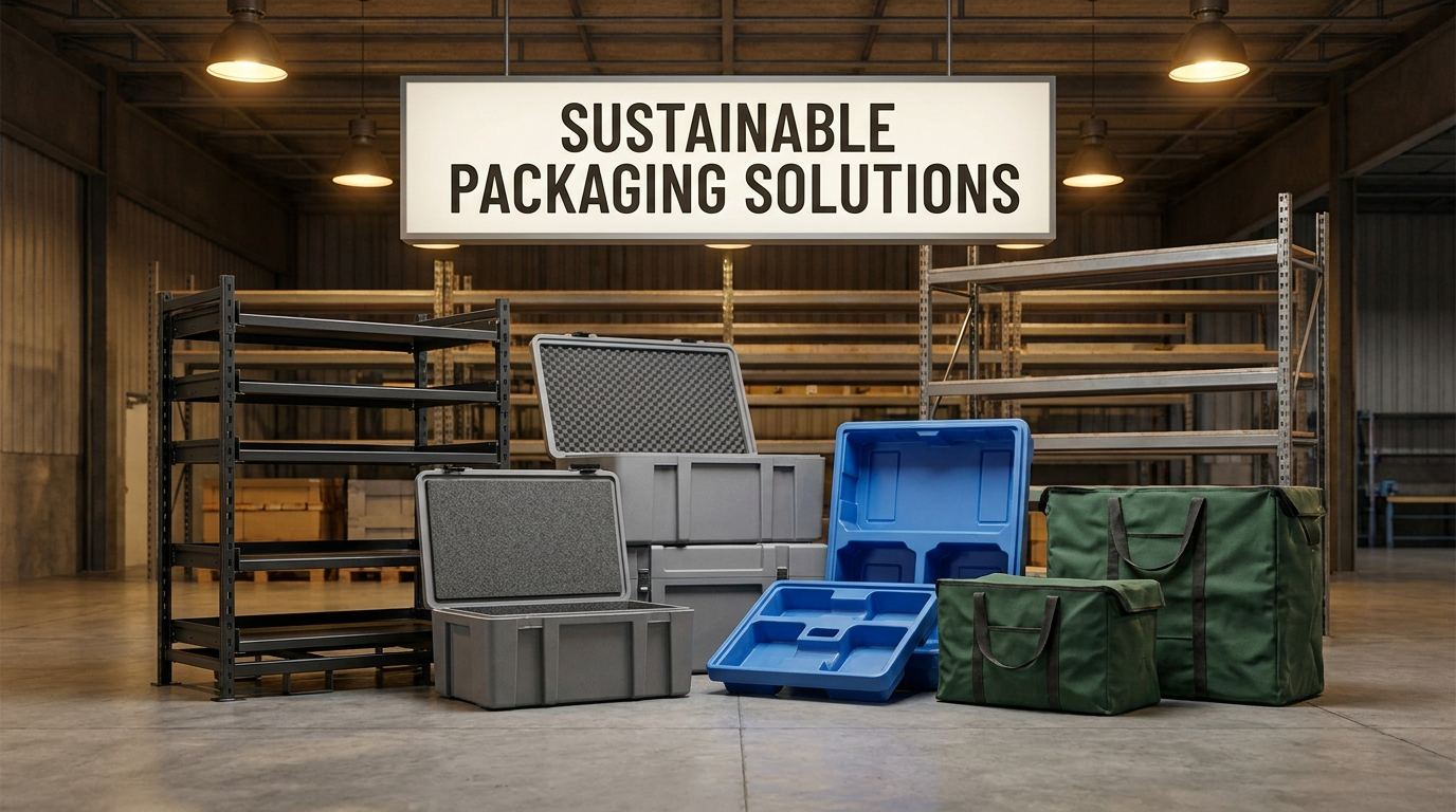 Custom sustainable packaging solutions including steel racks, foam inserts, HDPE trays, and fabric bags for industrial manufacturers
