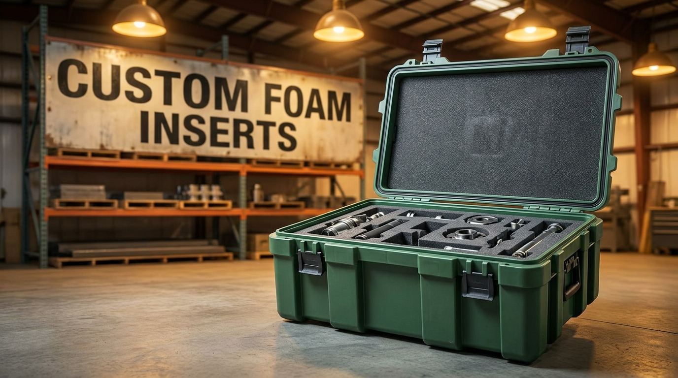 Custom foam inserts inside a reusable industrial shipping container for automotive parts