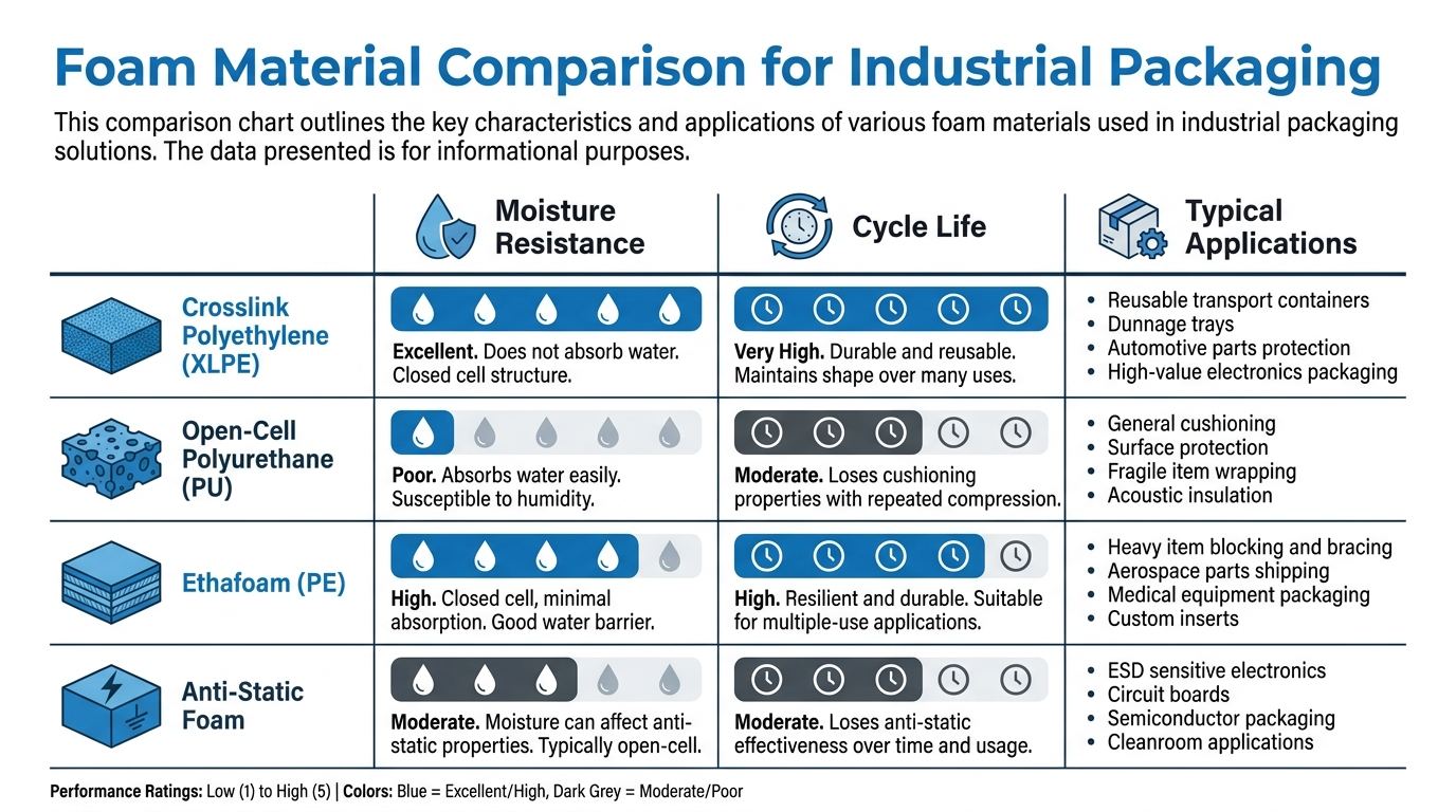 Infographic comparing custom foam insert material types for automotive and industrial packaging
