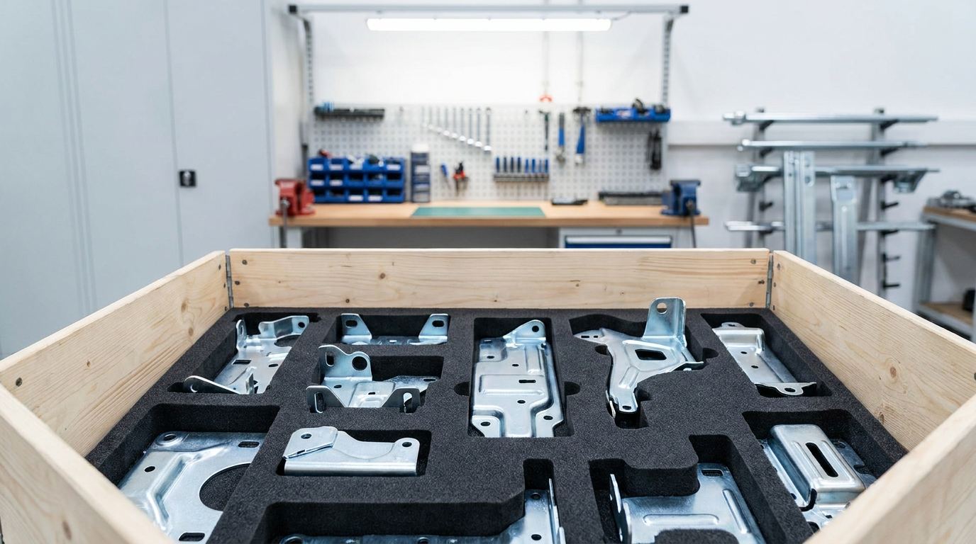 Custom foam inserts with CNC-routed cavities holding automotive stamped metal brackets in a shipping container