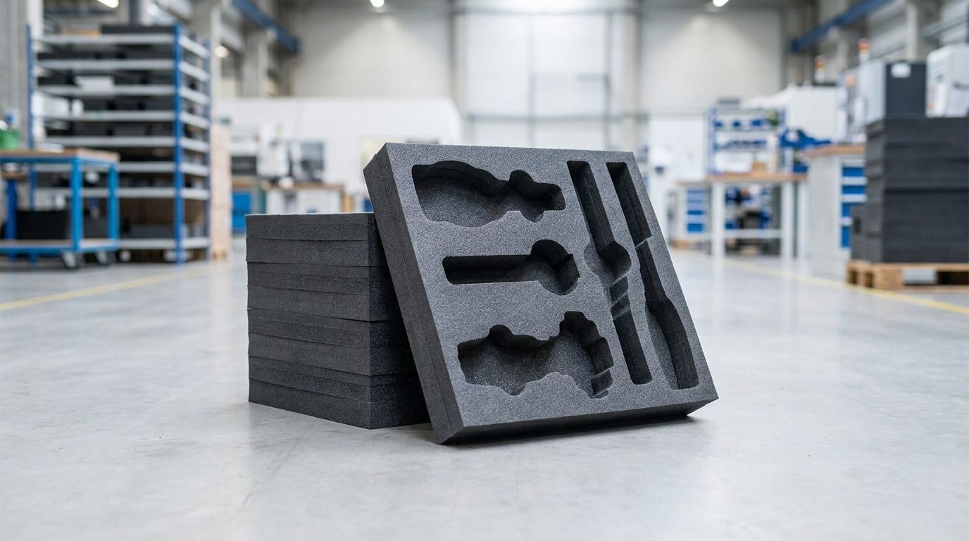 Stack of finished custom foam inserts ready for delivery to an automotive manufacturing facility