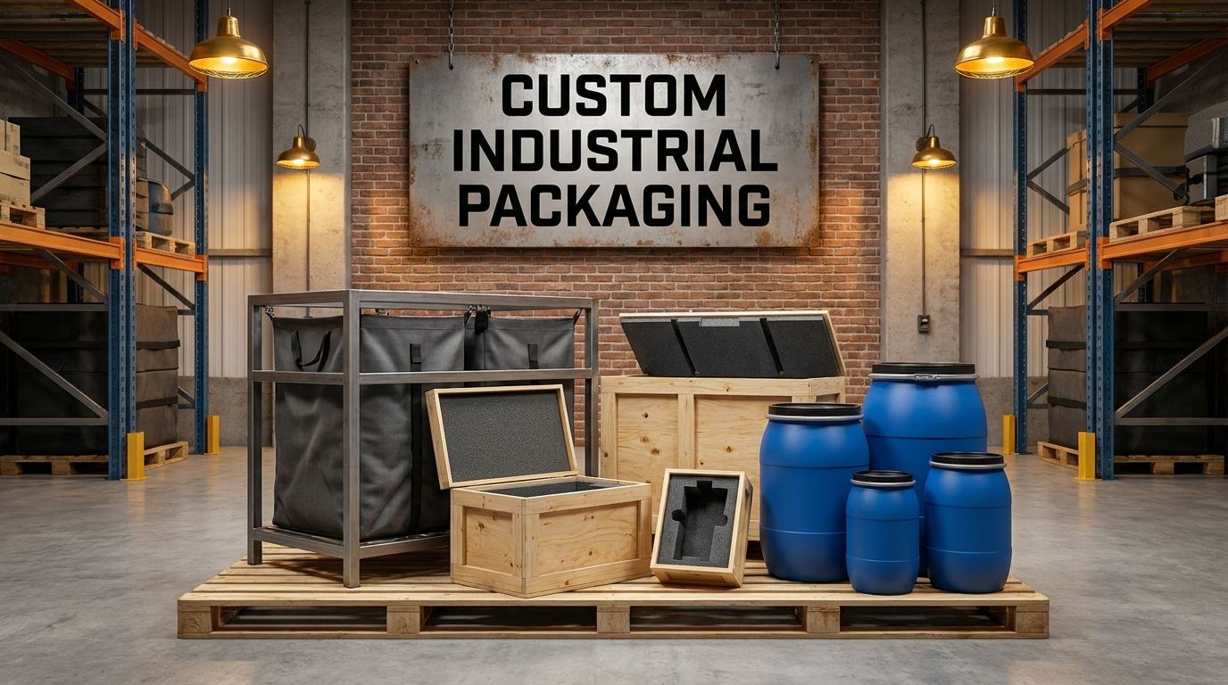 Custom industrial packaging systems including steel racks, foam inserts, fabric bags, and HDPE containers in a warehouse setting