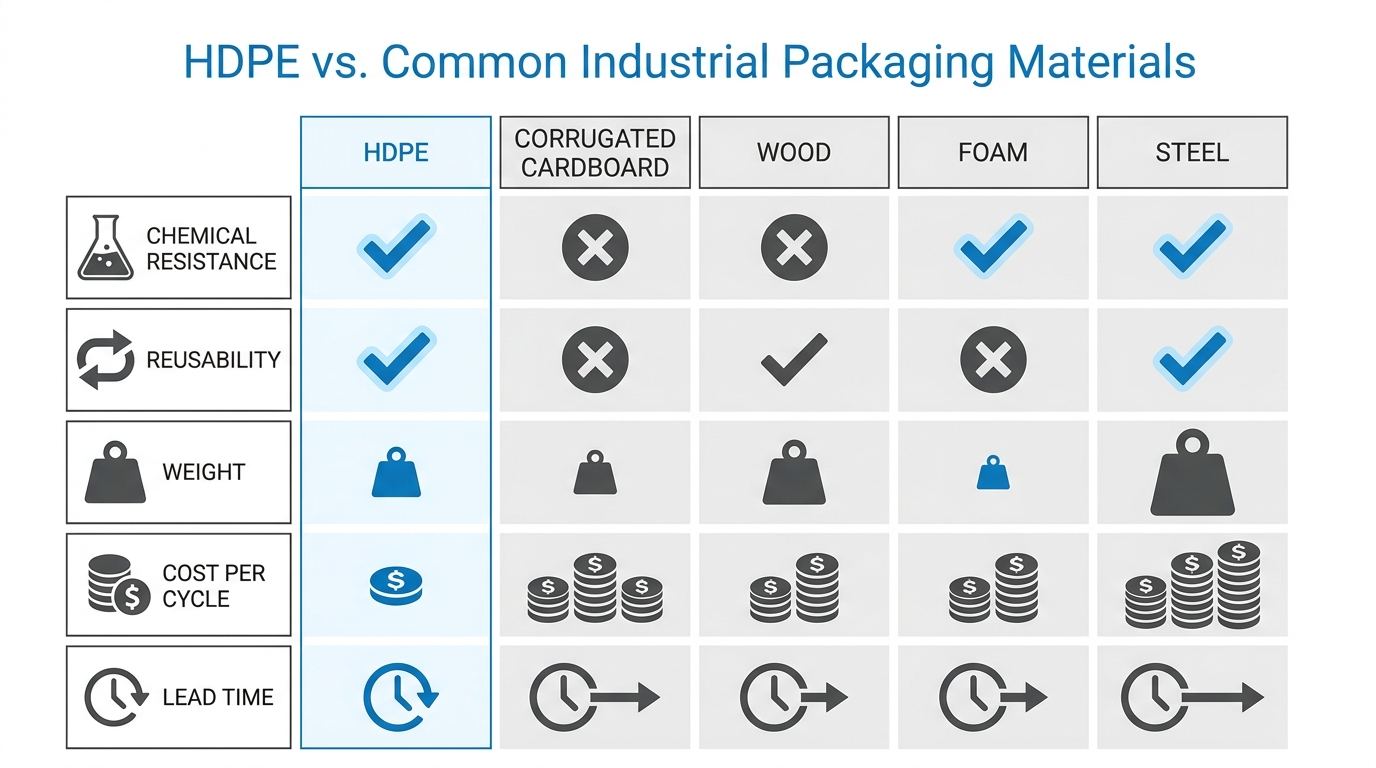 Infographic comparing HDPE packaging to corrugated cardboard, wood, foam, and steel across key performance metrics