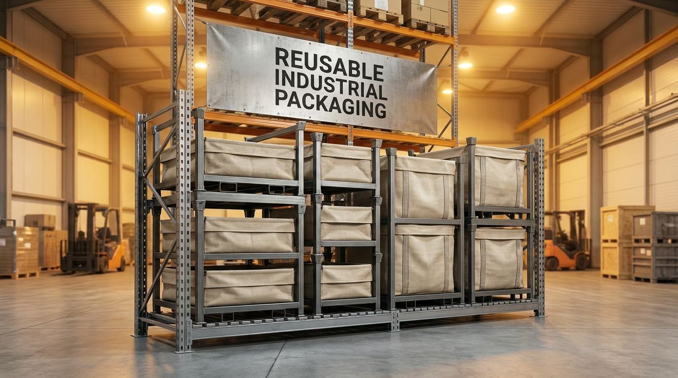 Reusable industrial packaging systems including steel racks and fabric bags in a warehouse setting