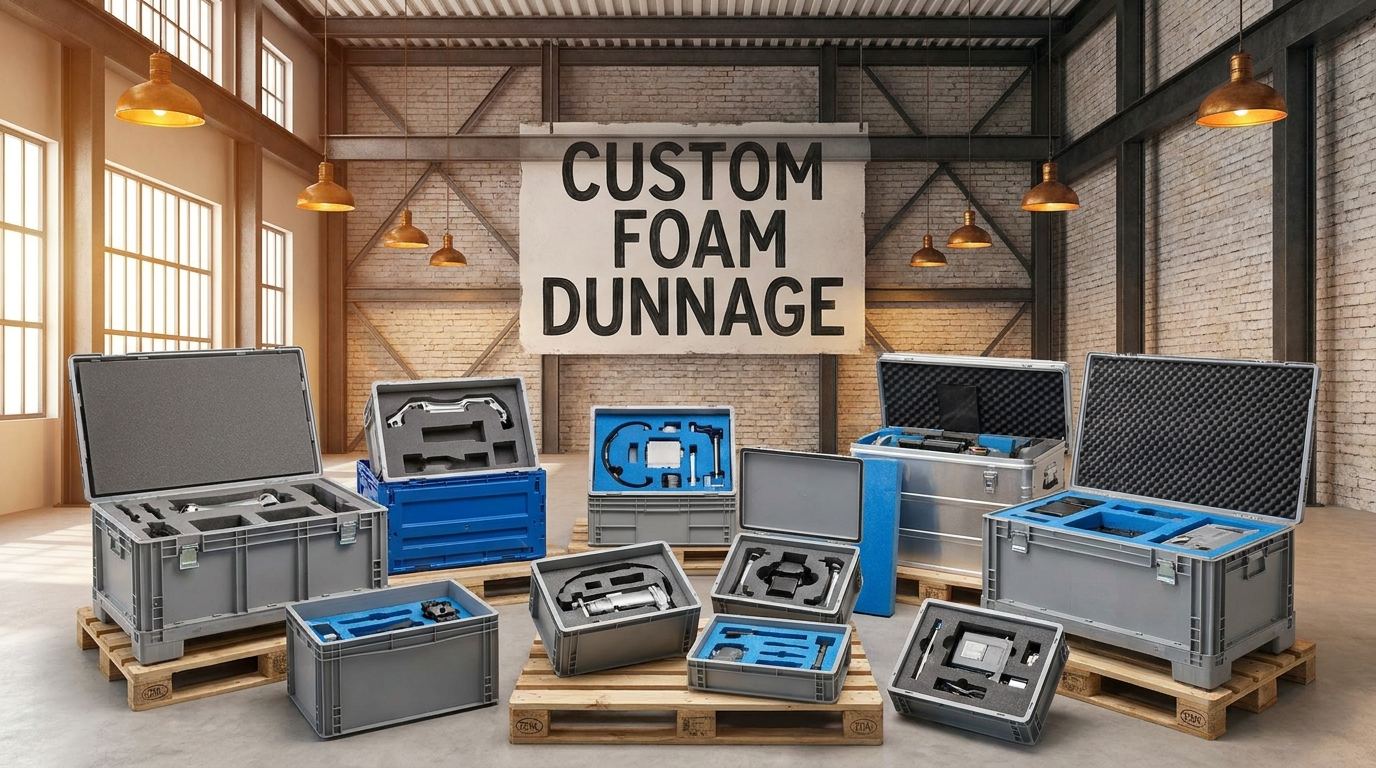 Custom foam dunnage inserts inside returnable shipping containers for automotive manufacturers
