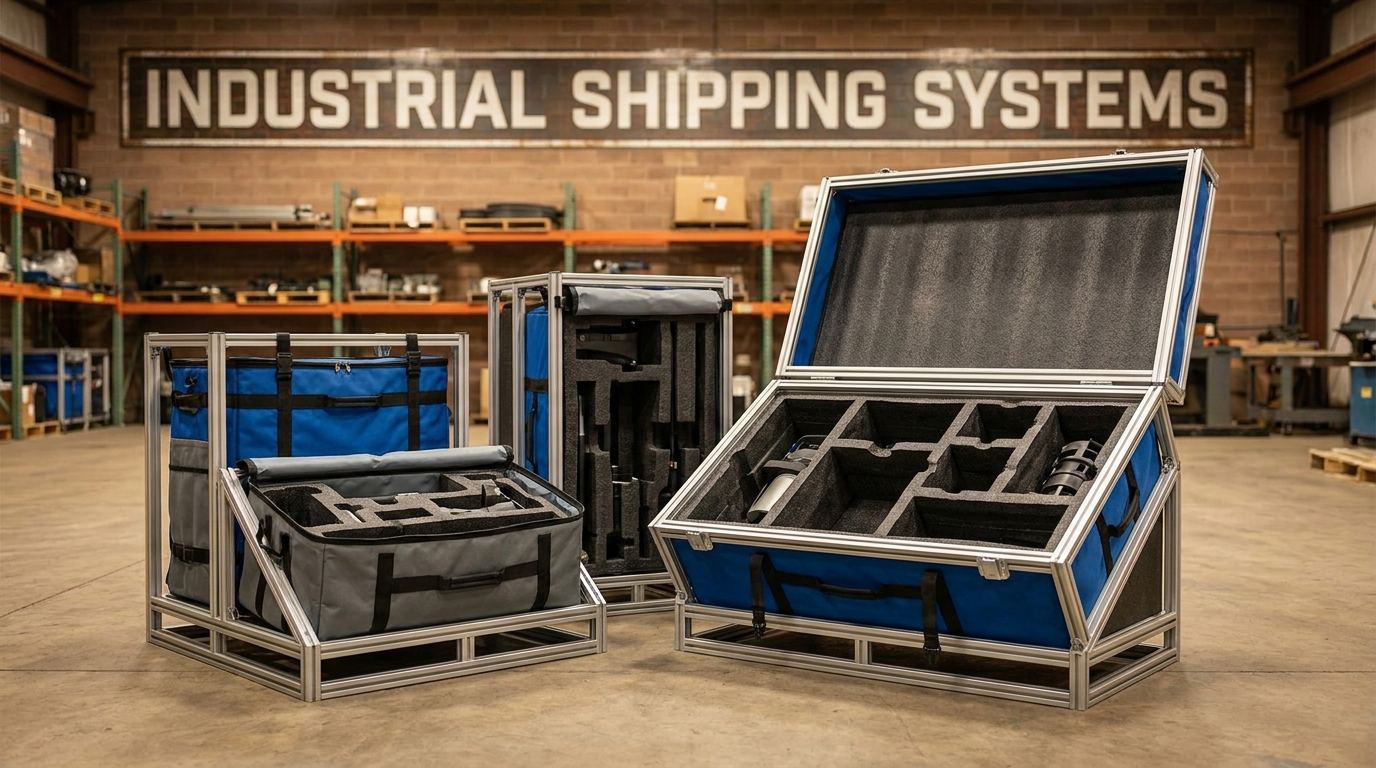 Custom industrial shipping systems including steel racks, foam inserts, and fabric bags for automotive manufacturers
