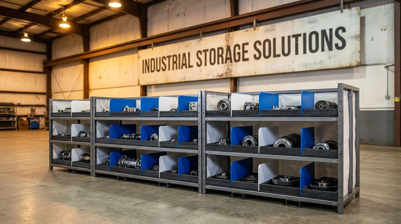 Custom industrial storage solutions including steel racks, fabric bags, and foam inserts for automotive manufacturers