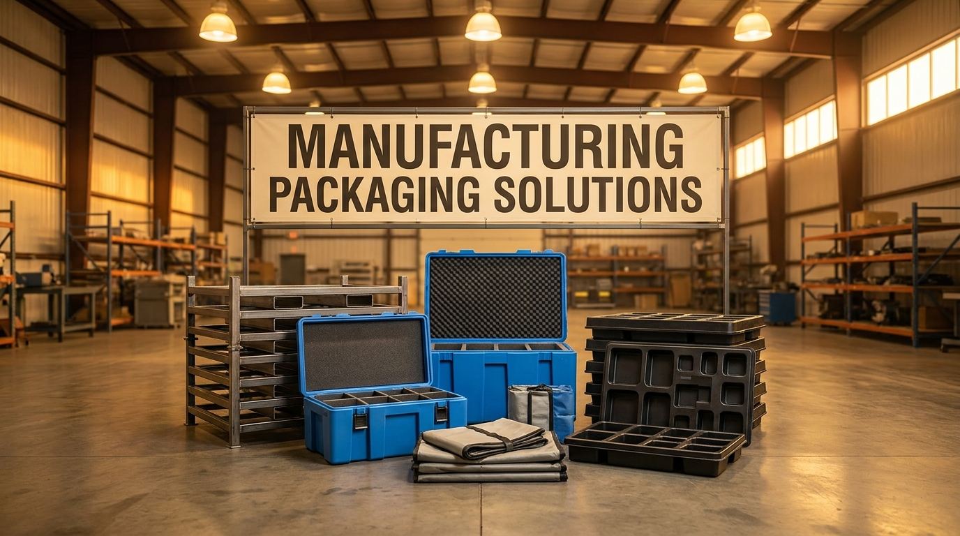 Custom manufacturing packaging solutions including steel racks, foam inserts, fabric bags, and HDPE containers in an industrial warehouse setting