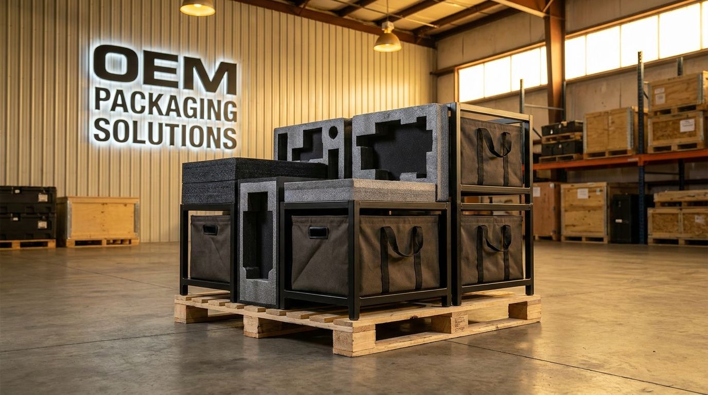 Custom OEM packaging solutions including steel frames, foam inserts, and fabric bags for automotive manufacturers