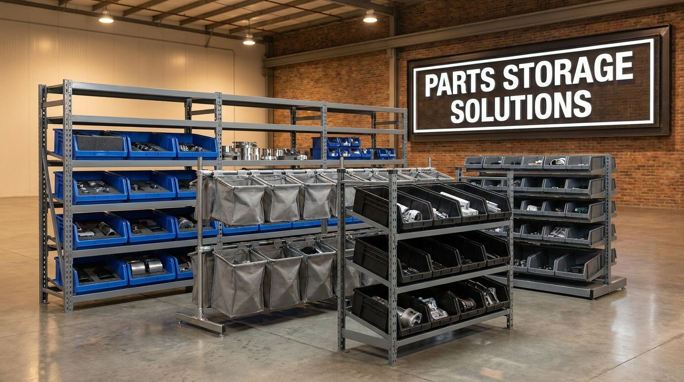 Custom parts storage solutions including steel racks, foam inserts, and fabric bags in an industrial manufacturing facility