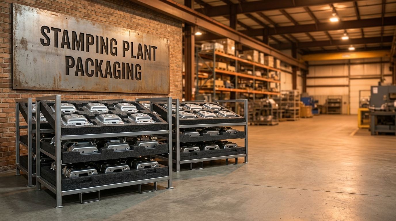 Custom stamping plant packaging systems with foam inserts and steel racks for automotive metal parts