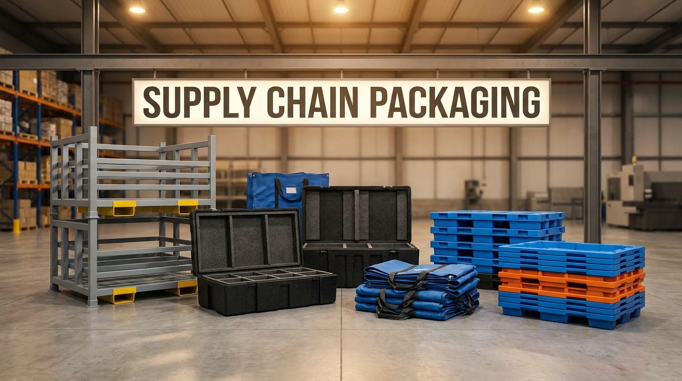 Custom supply chain packaging systems including steel racks, foam inserts, and fabric bags for automotive manufacturers