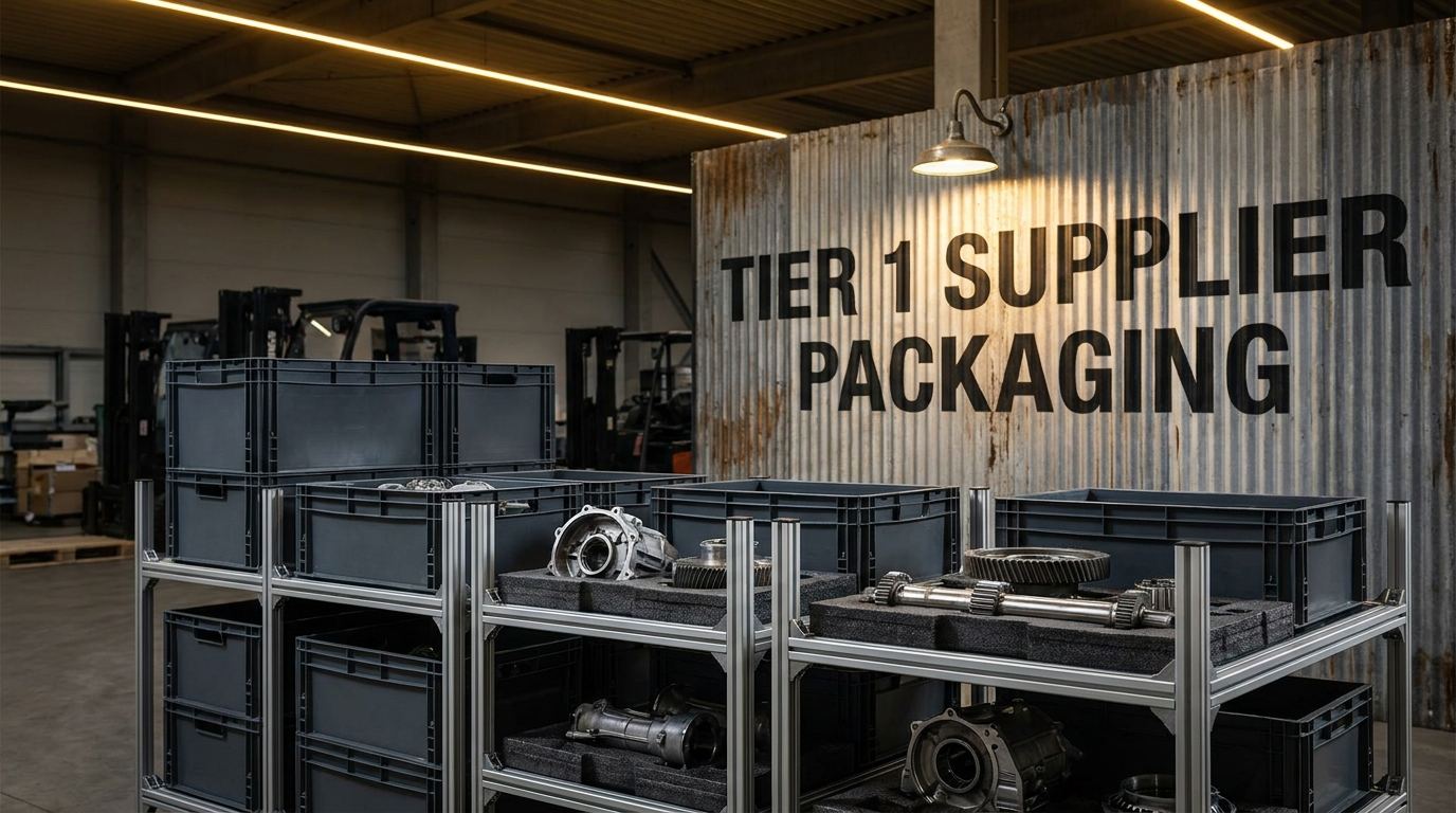 Custom tier 1 supplier packaging systems including steel racks and foam inserts in an automotive warehouse