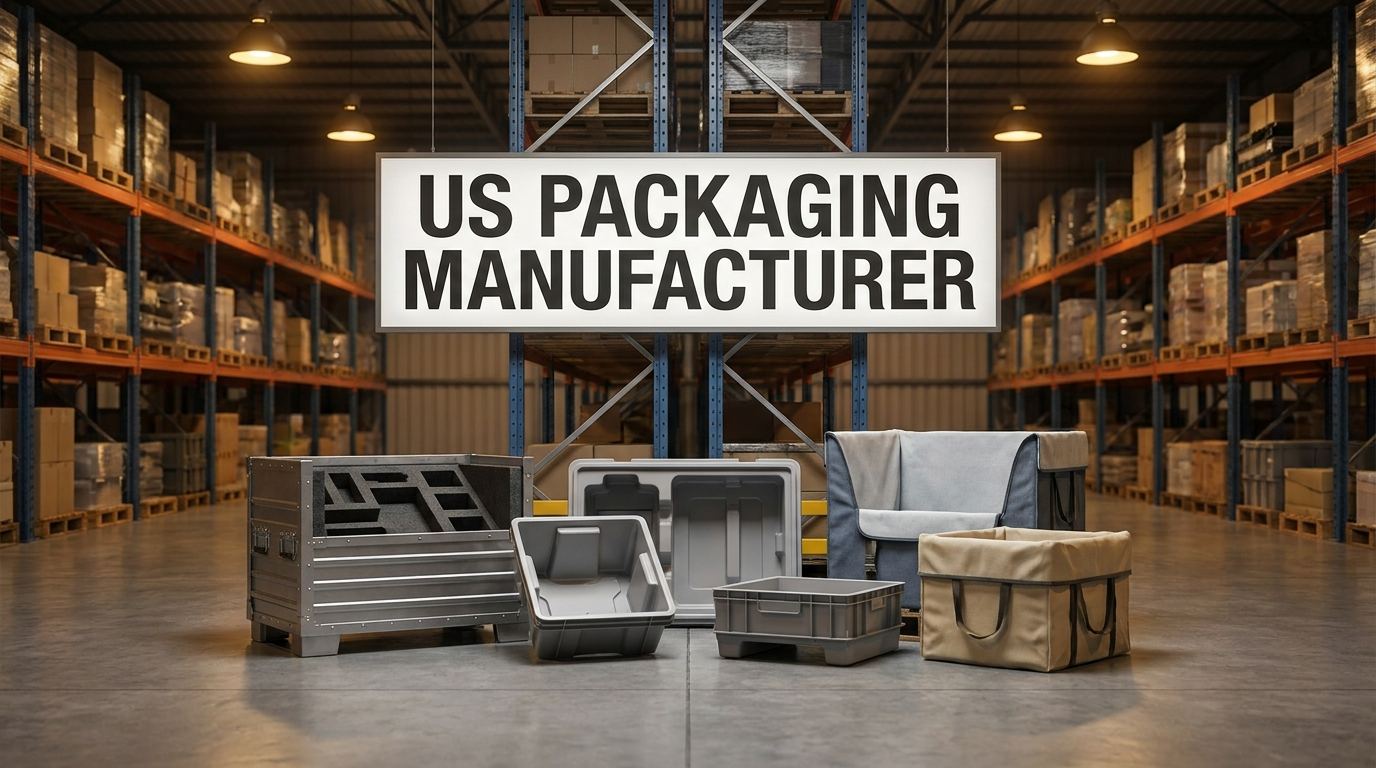 US packaging manufacturer custom industrial packaging systems including steel, foam, plastic, and fabric parts in a warehouse setting