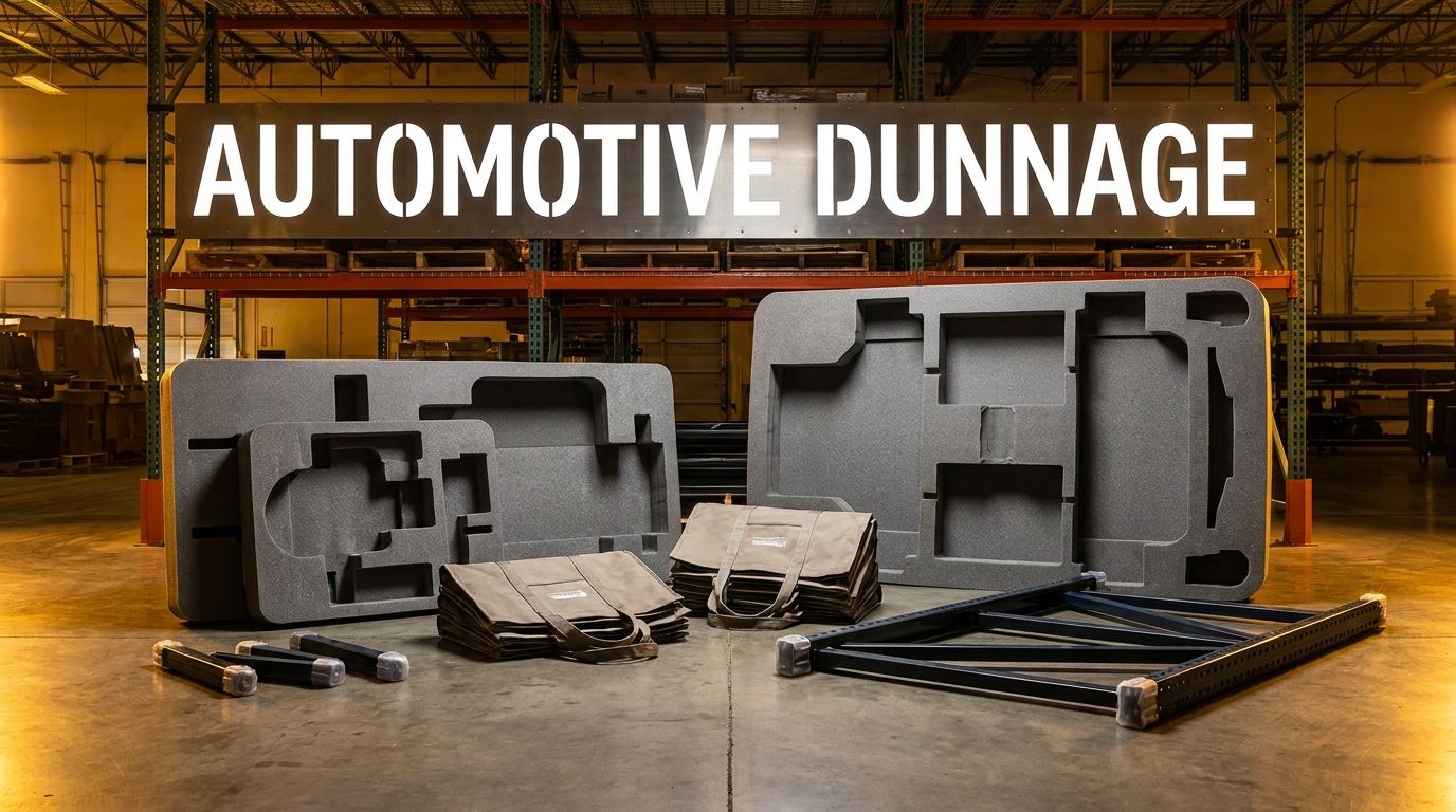 Custom automotive dunnage components including foam inserts, fabric bags, and steel racks for automotive parts protection