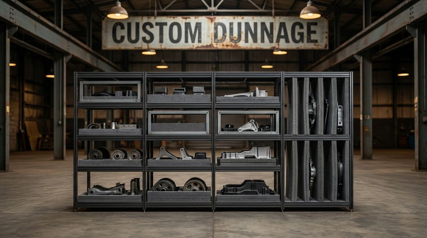 Custom dunnage system with foam inserts and steel frame holding automotive parts in industrial warehouse