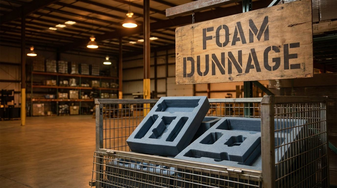 Custom foam dunnage inserts inside a returnable container for automotive parts shipping