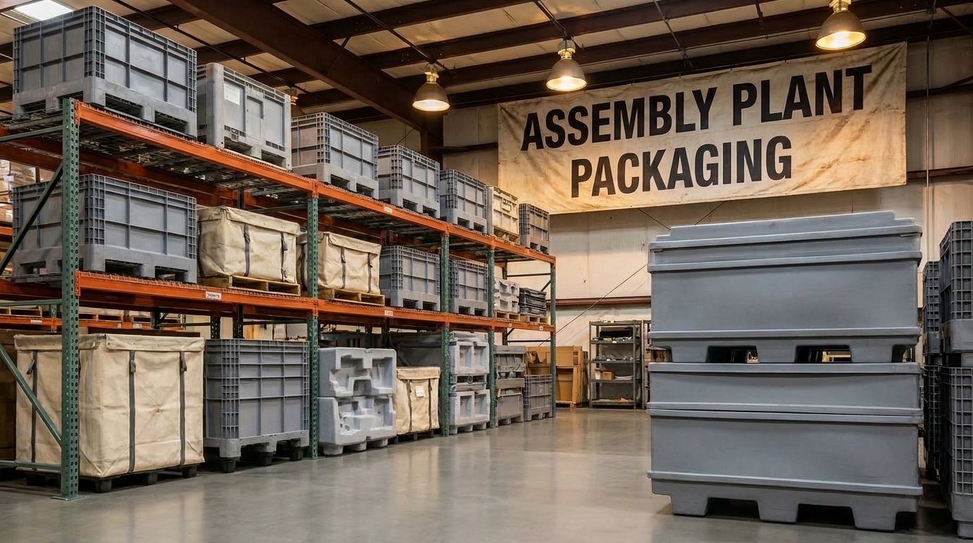 Custom assembly plant packaging systems including returnable containers, foam inserts, and fabric bags for automotive manufacturers