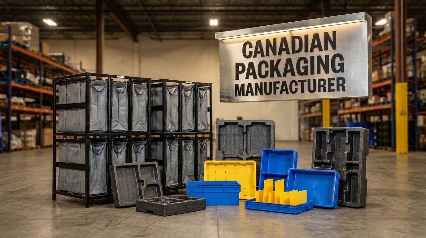 Canadian packaging manufacturer displaying custom returnable packaging systems including steel racks, foam inserts, and fabric bags for automotive manufacturers