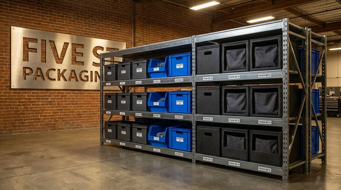 Custom five S packaging systems including labeled steel bins, foam-lined containers, and fabric pouches arranged on industrial metal shelving for automotive manufacturers