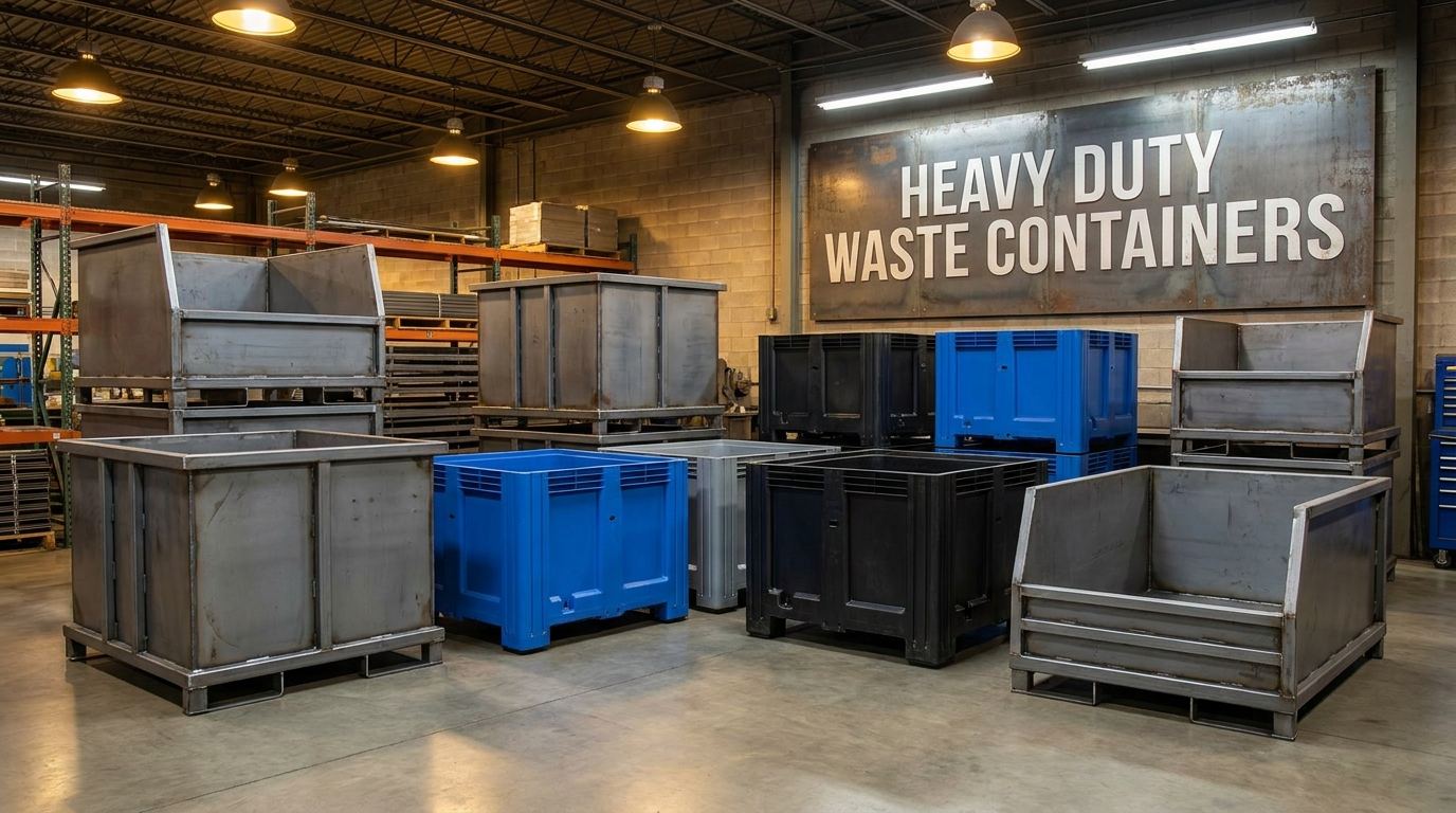 Heavy duty waste containers on industrial plant floor for automotive manufacturing