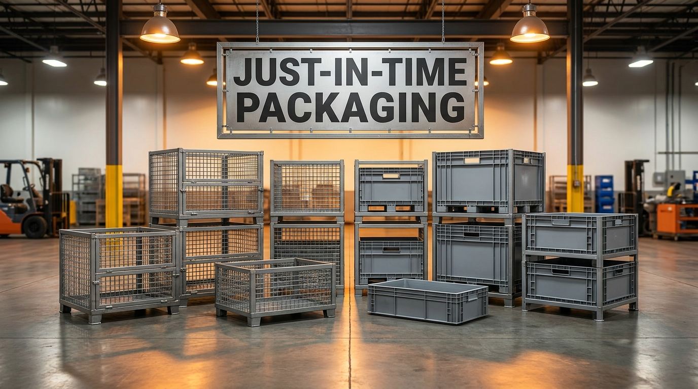 Just-in-time packaging containers staged at an automotive plant floor for line-side delivery