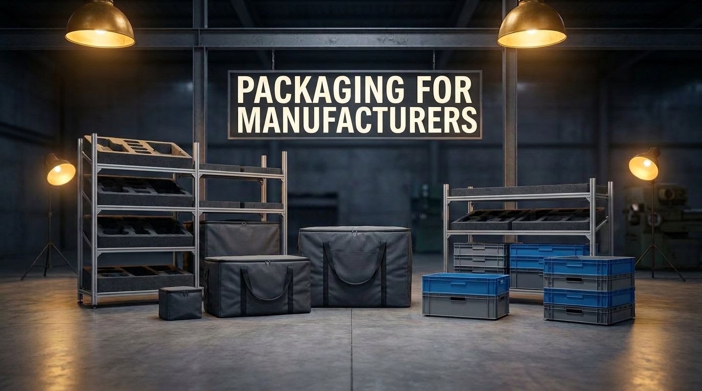 Custom packaging for manufacturers including steel racks, foam inserts, and fabric bags in an industrial warehouse setting