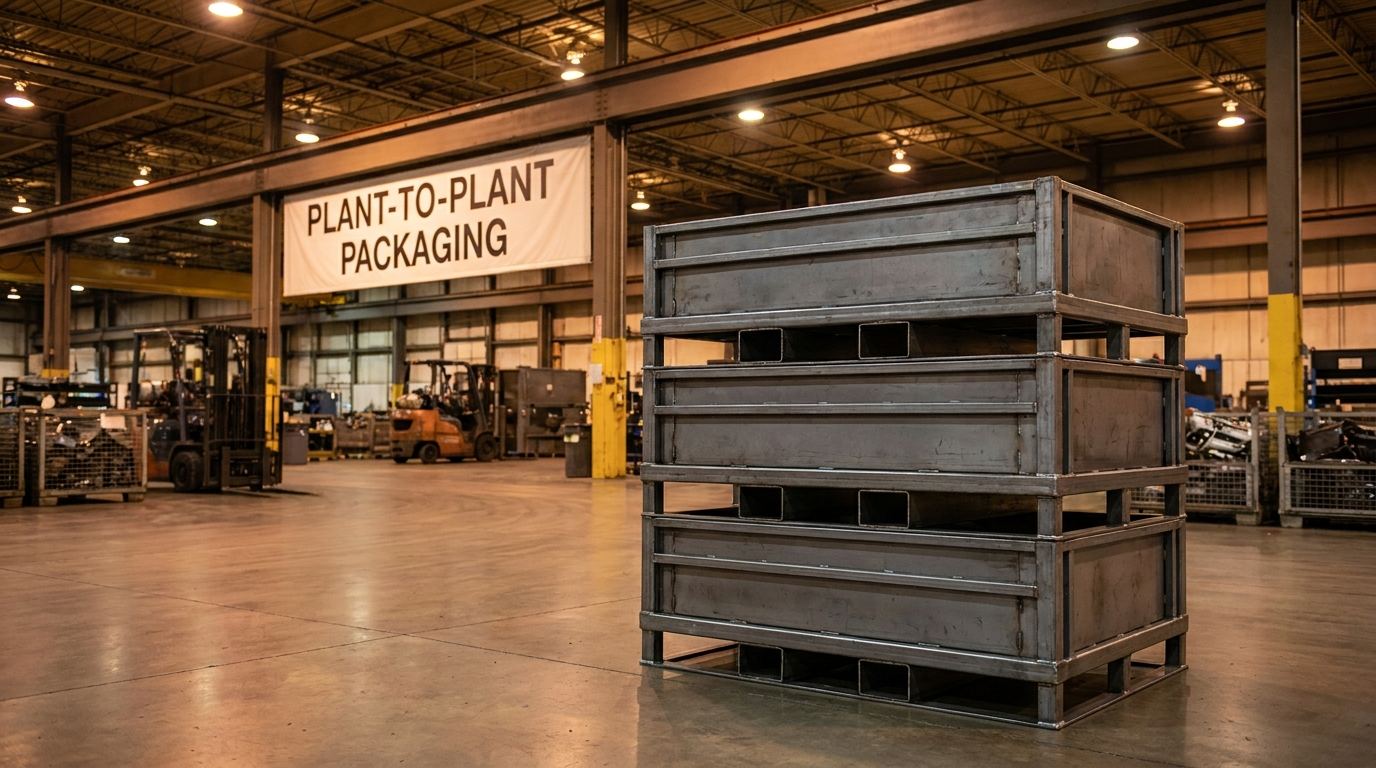 Custom plant-to-plant packaging steel containers stacked on concrete floor in automotive manufacturing facility