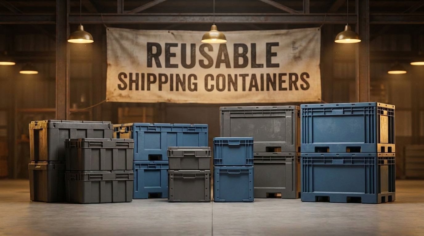 Custom reusable shipping containers stacked in an industrial warehouse facility