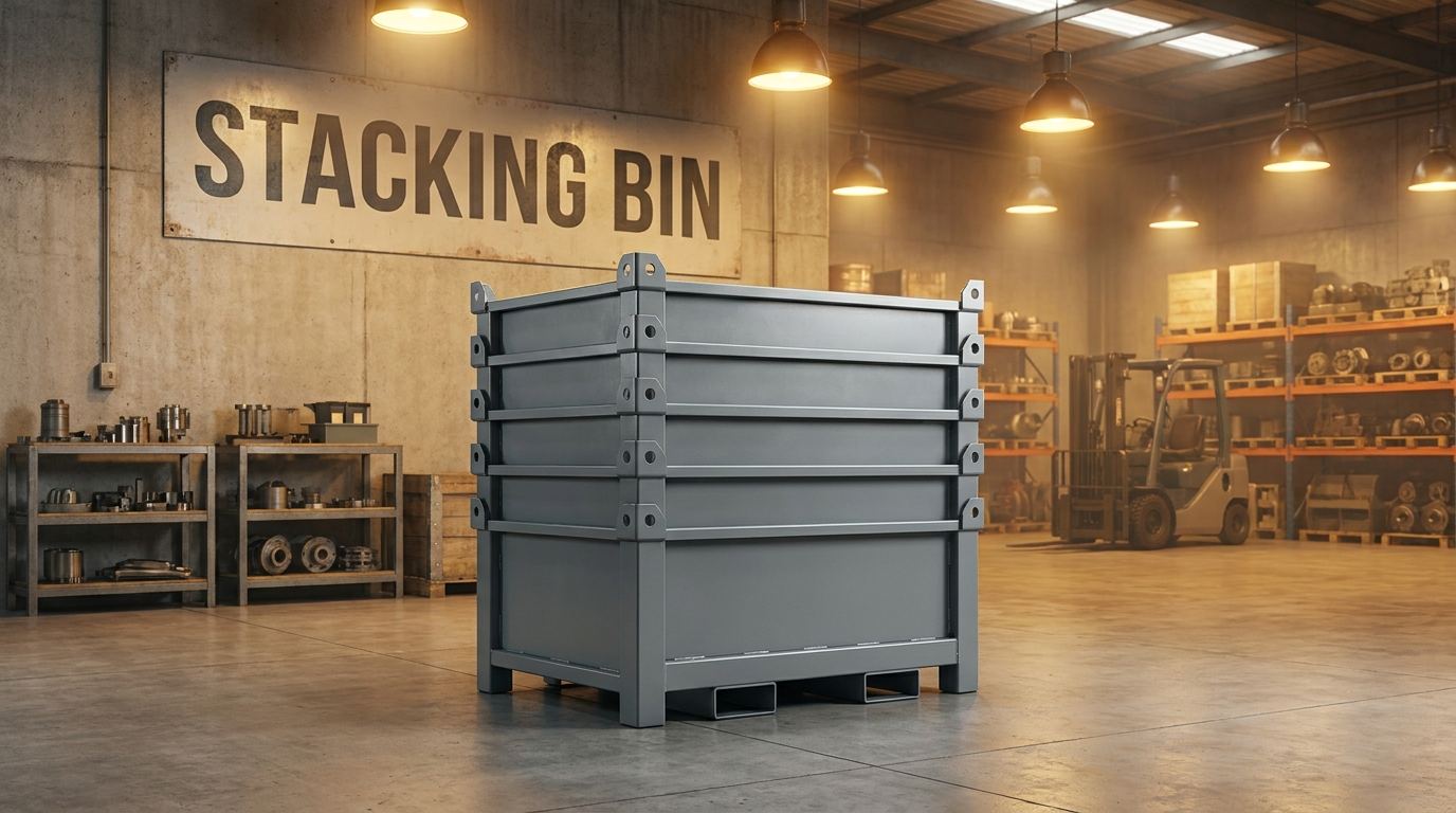 Custom stacking bins on a manufacturing plant floor, stacked flat with integrated steel base runners