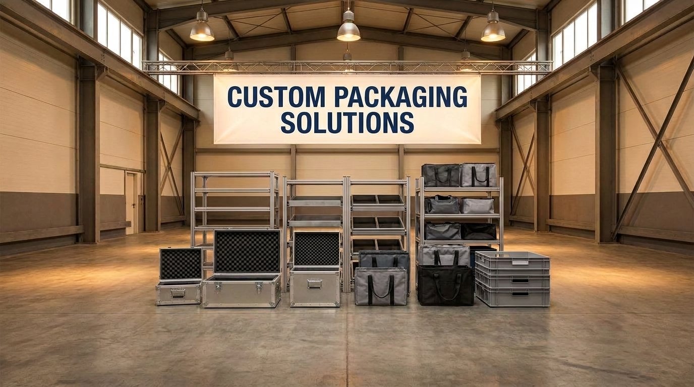 Custom packaging solutions including steel racks, foam inserts, fabric bags, and HDPE trays for automotive manufacturers