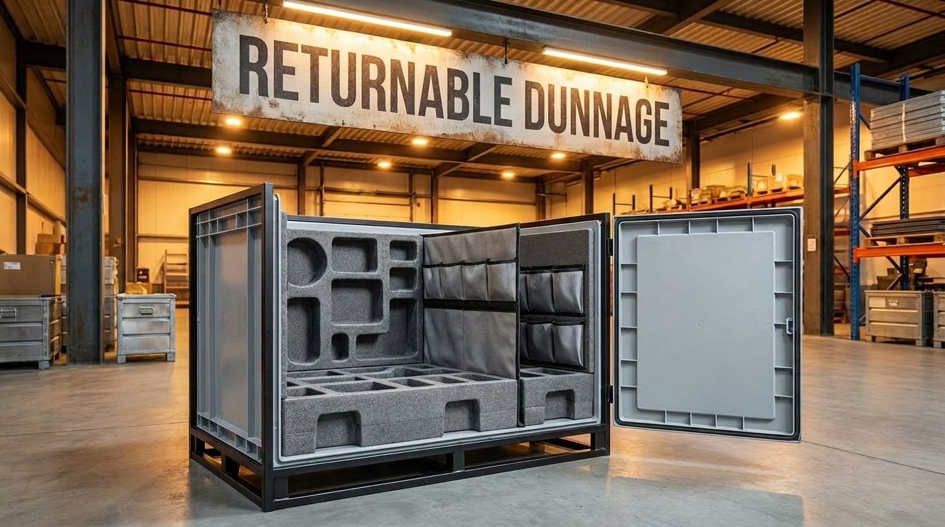 Custom returnable dunnage system with foam inserts and steel frame in automotive warehouse