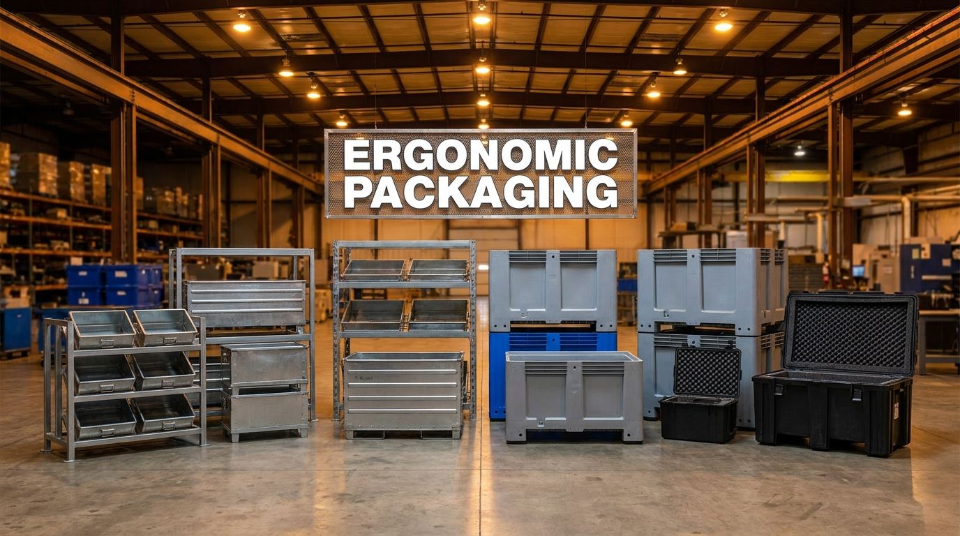 Custom ergonomic packaging systems including steel racks and foam-lined HDPE totes on a manufacturing plant floor