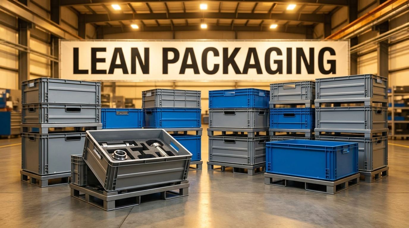 Lean packaging containers with foam inserts on automotive plant floor