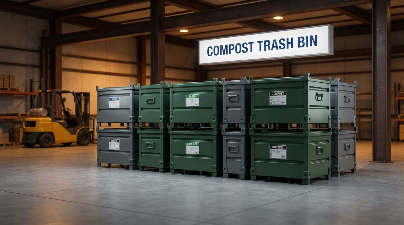 Custom industrial compost trash bin systems on a manufacturing plant floor